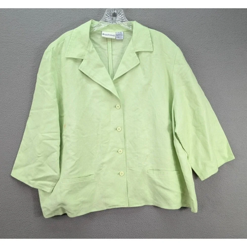 Appleseeds Button Front Top w/ Dress Women's Plus Size 20W Linen Blend Pistachio